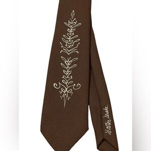 Vintage 1960s Walter Drake Handpainted Skinny Necktie Brown w/ White Swirl Motif